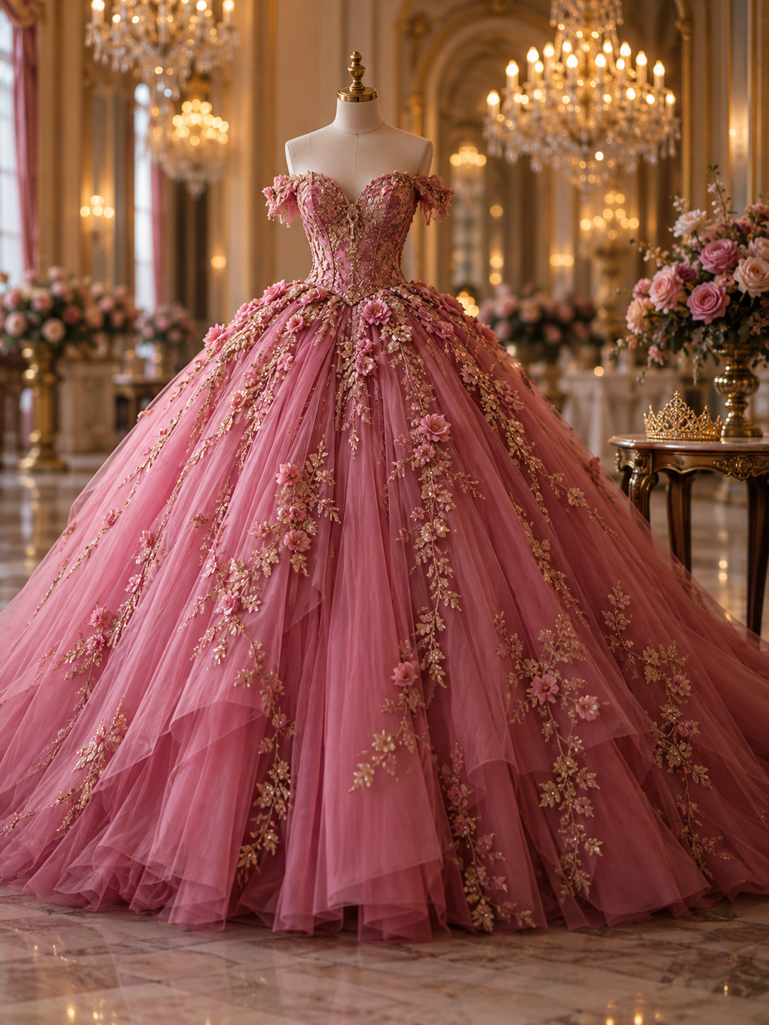 A rose-pink quinceañera gown, gold tiara, and roses in a glowing ballroom